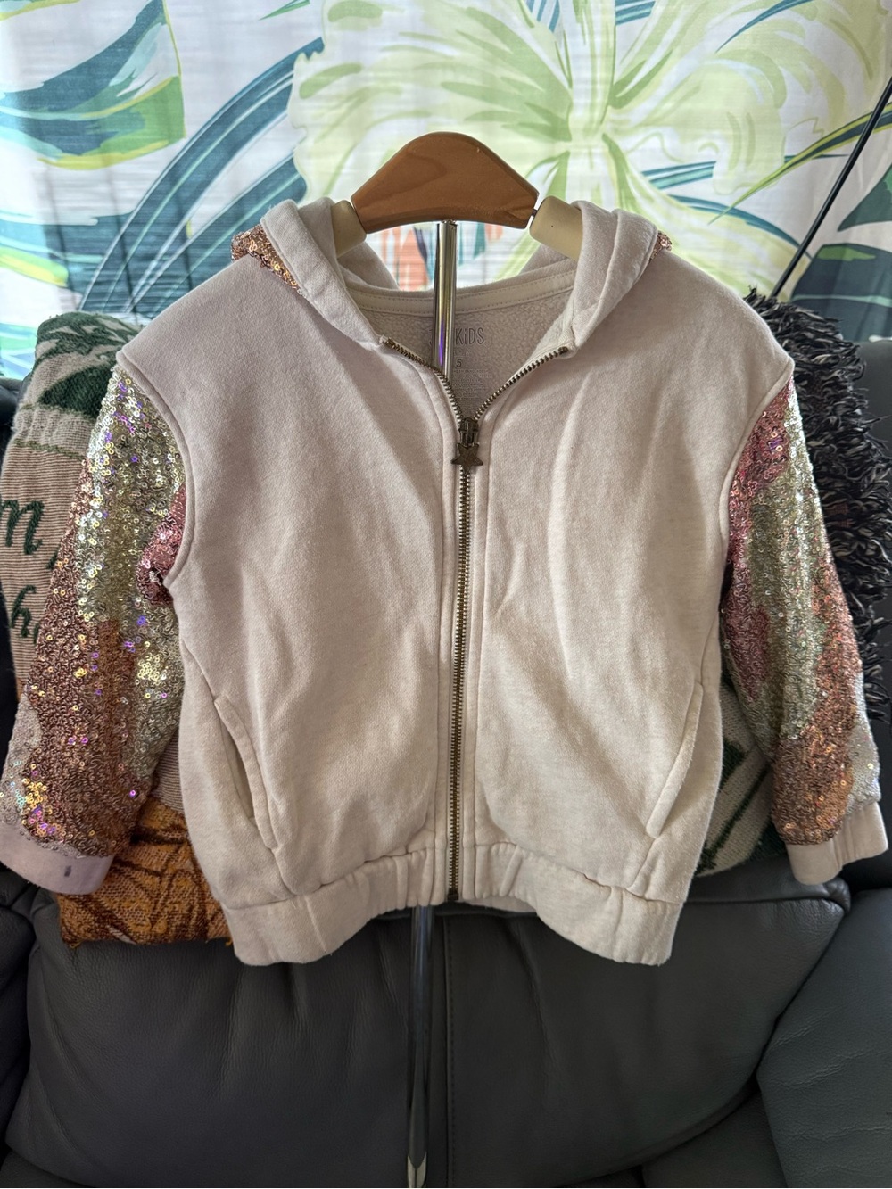Girls' Light Pink Sequin Sleeve Zip Hoodie